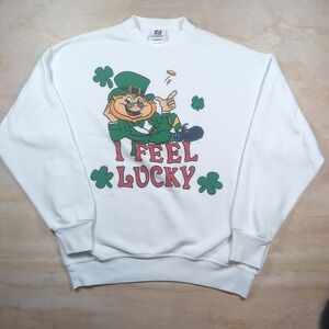 Vintage Signal Artwear Sweatshirt Mens Large White I Feel Lucky St. Patricks Day